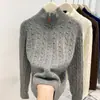Suéter Macio de Tricô Solto com Gola Alta e Meio Zíper para Mulheres, Nova Blusa Base Top com Design Torcido Vintage Outono e Inverno