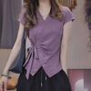 Diseño Estilo Francés, Adelgazante, Ceñidor de Cintura, Versátil Camiseta Morada de Manga Corta para Mujer, Nuevo Estilo de Verano, Top con Fruncido y Lazos A4344