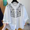 *** Rebaja Camisa de Algodón Lino Bordada de Manga Media para Mujer Verano Temperamento Artístico Delgado Cuello Redondo Top