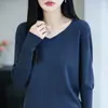 Suéter de malha V-neck de algodão puro estilo minimalista para mulheres, top suéter fino de cor sólida, camisa base versátil 100% algodão