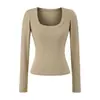 Top Sexy para Chica Popular con Cuello en U Profundo y Mangas Largas Otoño Temprano Nuevo Alta Elasticidad Hombro Derecho Camiseta Estiliza la Figura Cintura Camiseta Básica