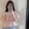 Blusa de Gasa de un Hombro para Mujer, Estilo Verano Hot Girl, Diseño Francés de Nicho, Top Corto Dulce con Mangas Abullonadas