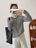 Camiseta listrada preto e branco, estilo duas peças falsas, manga longa, blusa base, 26 outono novo estilo, roupa íntima feminina exclusiva estilo coreano H082611