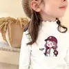 Camiseta Térmica de Fleece com Manga Longa para Meninas Outono/Inverno Roupa de Baixo Gola Meio Alta com Babados Crianças Tamanhos Médio e Grande