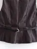 Top de Efecto Piel de Estilo Nuevo Primavera 2026 con Cinturón, Chaleco sin Mangas, Cremallera, Color Sólido, Chaleco Ajustado de Estilo Europeo y Americano