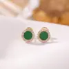 Brincos Yiluyin em Prata Esterlina S925 com Jade Verde Natural, Novo Estilo Chinês Geométrico Redondo, Brincos de Moda Elegantes e Luxuosos