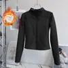 Chamarra corta de fitness para mujer, con cuello alto de terciopelo, cierre completo, forro de terciopelo, top de yoga, engrosada, cálida, ajustada, para usar al aire libre