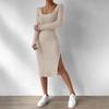 Comercio Exterior Otoño e Invierno para Mujer Vestido Tejido de Manga Larga con Cuello Cuadrado Estilo Nuevo Europeo y Americano Abertura en el Dobladillo Vestido Ajustado