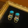 Bronce Antiguo Occidental Chapado 18 Oro Vintage con Turquesa Oval Azul con Cadena Estuche Incrustado con Color