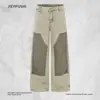Calça jeans de trabalho estilo americano rasgada e remendada para homens, punk high street de corte solto, calça de lenhador de perna reta color-blocking