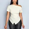 Roupas Femininas de Verão 2025, Cor Sólida, Gola Diagonal Simples, Barra Irregular, Blusa Slim de Manga Curta, Novo Estilo 2026