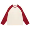 Jingtao otoño e invierno nuevo hilo doble algodón puro color de contraste manga raglán manga larga camiseta marca de moda para hombre retro holgada estudiante camiseta interior