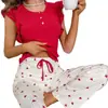 Moda Estrangeira Tendência Estilo Europeu e Americano Roupas Casuais Femininas para Casa com Estampa de Coração Calças Compridas e Roupas Femininas Casuais com Costela e Babados