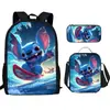 Estampado de Stitch Animación Periférico Estudiantes de Primaria Resistente al Desgaste Mochila Escolar Bolsa de Comida Estuche Lápices Juego de Tres Piezas Fabricante Venta al por Mayor