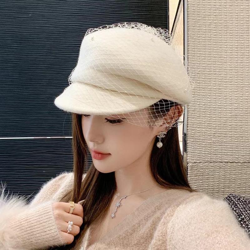 原创设计网红款羊毛呢网纱珍珠贝雷帽女秋冬韩版潮时尚百搭鸭舌帽