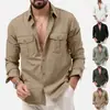 Novas Camisas Masculinas 2025 Exportação Transfronteiriça Aliexpress Estação Independente Bolsos Múltiplos Europeus e Americanos Calças Tops Casuais de Manga Longa para Homens