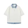 Ropa Vintage Yidao 2026 Verano Nuevo Camiseta de Manga Corta con Cuello Polo a Cuadros Estilo Universitario Americano para Pareja Falsa de Dos Piezas Manga Media