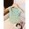Nuevo Chaleco de Punto Estilo Chino Estilo Nacional Hebilla de Perlas para Mujer Verano Cuello Cuadrado Tirantes Anchos Sin Mangas Top Pequeño Menta Mambo Style