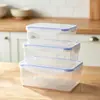 Caixa de armazenamento retangular de plástico transparente selada com fecho para armazenamento e organização de itens diários na cozinha doméstica e na geladeira