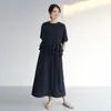 Lotte Vestido de punto con tirador Ruffle Holgado Dos formas de llevar Cuello redondo Manga corta Verano Reparación Versátil