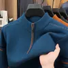 Suéter Grossa de Lã com Gola Alta e Zíper para Homens no Inverno, Pulôver de Malha para Camada Base para Pais de Meia-Idade