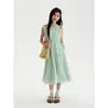 Vestido Verde Menta com Botões para Meninas 2026 Novidades de Verão Estilo Designer Infantil Elegante Vestido Longo com Cintura Marcada Tendência