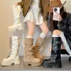 Botas de Plataforma Retro Blancas Hasta la Rodilla con Tacón Grueso para Mujer 2026 Nuevo Otoño Botas de Montar que Aumentan la Altura