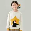 Suéter Infantil Espesso Outono e Inverno 100% Lã Pura Gola Redonda Manga Raglan Jacquard Estrela Pinguim Aquecido Camada Base Pulôver