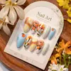30 Peças de Unhas Postiças Europeias e Americanas de Verão Mais Vendidas, Florais Frescos, Xadrez, Formato Amêndoa, Peças de Nail Art Laranja para o Dia a Dia, Atacado em Estoque