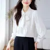 Foto Real da Nova Camisa Versátil de Manga Longa com Gravata Borboleta Estilo Coreano para Mulheres - Coleção Primavera 2026