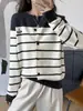 Cárdigan de Punto Bordado con Rayas de Contraste Coreano para Mujer 25 Otoño e Invierno Nuevo Suéter Holgado de Combinación de Colores con Cuello Redondo para Mujer