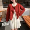 Cardigan de Tricô Dupla Face KANING em Tweed Vermelho para Mulheres, Nova Moda Street Style, Elegante Casaco de Lã Grosso