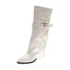 Botas de Salto Alto Wide Leg com Fivela Emagrecedora Estilo Delicado 2026 Outono/Inverno Nova Chegada Nicho Luxo Leve Retrô Botas Plissadas Franzidas