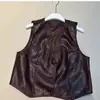 Chaleco vintage de cuero con cuello en V para mujer, colección otoño 2026, con diseño de costuras visibles, chaleco corto sin mangas, chaqueta casual para superponer