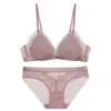 Conjunto de lingerie sexy transfronteiriço estilo francês com bojo triângulo pequeno, sem aro, malha fina de algodão e detalhes em renda de cílios, projetado para fazer seios grandes parecerem menores