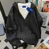 Sudadera con capucha de algodón 100% puro, estilo americano simple, de dos piezas falsas, para hombre y mujer, corte holgado, adelgazante, forrada de polar, chaqueta estudiantil para otoño e invierno
