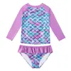 Conjunto de traje de baño de dos piezas para niñas, traje de baño de manga larga con diseño de escamas de pez, adecuado para niños mayores, traje de baño para protección solar en la playa con alta elasticidad Escamas de pez