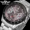 Popular Moda Europeia e Americana Vencedor Masculino Estiloso Casual Calendário Esqueleto Pulseira de Aço Semi-Automático Mecânico Roxo