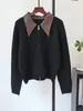 Cardigan Tricot com Gola de Couro Patchwork Zíper Duplo Outono/Inverno Novo Design Solto Casual Versátil Casaco Suéter Tendência Feminina