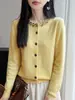 Cardigã de malha com contas 100% lã pura, novo estilo outono/inverno feminino, chique e elegante, gola redonda, casaco suéter quente