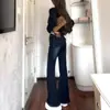 Jeans American Retro Lavagem Escura Micro Flare Feminino Outono Cintura Baixa Elástico Perna Reta Emagrecedor Pessoa Alta Flare Comprimento Total