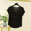 Camiseta de manga corta con cuello en V de modal para mujer, nueva de verano, color liso, holgada, adelgazante, fina, con bolsillo, top básico