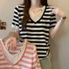 Camiseta de Manga Corta Rayada de Dos Piezas Falsas con Cordón para Mujer 2024 Verano Nueva Look Adelgazante Cubre Vientre Cuello V Top Tejido de Seda Hielo Trendy