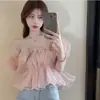 Camisa de un solo hombro de color liso transfronteriza para mujer 2025 Verano Nuevo Ajustada y Dulce Hombros Descubiertos Cuello Cuadrado Manga Abullonada Top de Moda