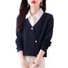 Suéter de dos piezas falsas con cuello de camisa para mujer Primavera y Otoño 2025 Nueva Moda Estilo Occidental Top Casual Apilado Camisa Base Moderna