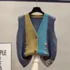 Nuevo Estilo Otoño e Invierno para Mujeres de Mediana Edad y Mayores, Chaleco de Punto con Bloques de Color y Cuello en V Talla Grande, Holgado y Versátil, Top Cálido para Llevar por Debajo