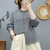Fio de algodão de dupla camada, padrão espinha de peixe tingido no fio em duas cores, camisa feminina retrô de manga comprida, casual, de corte solto para o outono