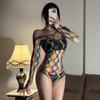Comércio Exterior Transfronteiriço Europeu e Americano Lingerie Sexy de Rede Colorida Arco-Íris Manga Longa Decote V Body Sexy de Rede Camada Base de Rede