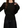 Top Básico de Forro Polar Andy Estilo Coreano Cuello Redondo Simple para Mujer, Hombro Normal, Corte Ajustado, Cintura Ceñida, Tejido de Punto de Manga Larga, Suéter con Puños de Botón