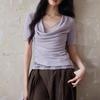 Dos Ovejas [Ting Lan] Falso Dos Piezas Cuello Oscilante Encaje Tejido de Punto Manga Corta Top para Mujer Púrpura Elegante Cintura Ceñida Camiseta
